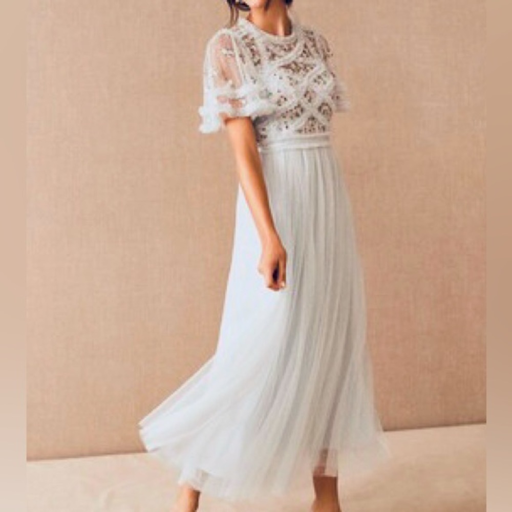 Needle & Thread Dress Blue Ribbon Bouquet Bodice Ankle Gown Tulle Rosette Dress
